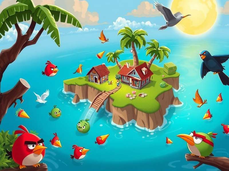 Angry Birds 2 Bird Island का दृश्य - रंगीन पक्षी और संरचनाएँ
