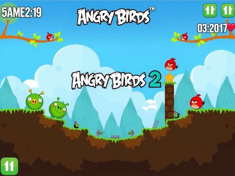 Angry Birds 2 गेमप्ले स्क्रीनशॉट जिसमें विभिन्न पक्षी और संरचनाएं दिख रही हैं