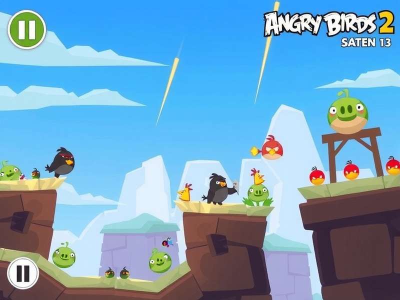Angry Birds 2 gameplay showing a multi-level tower structure with various birds and pigs