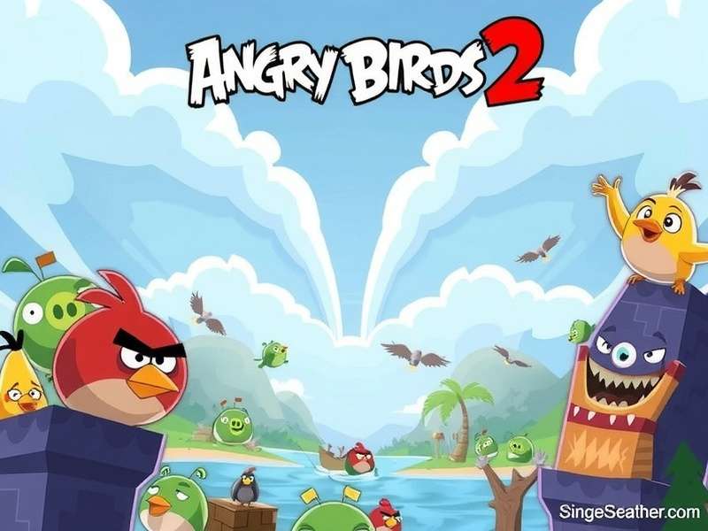 Screenshot of Angry Birds 2 gameplay showing Red the bird being launched at a complex pig structure
