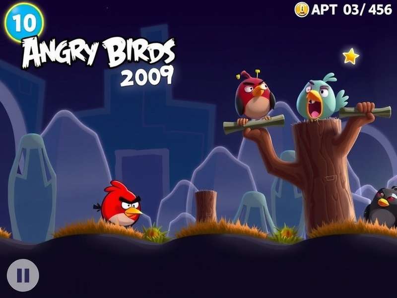 Original Angry Birds 2009 gameplay screenshot showing Red Bird launching at wooden structure