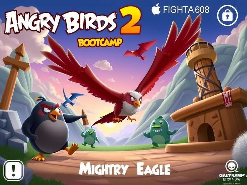 Angry Birds 2 Mighty Eagle Bootcamp gameplay screenshot showing birds and structures