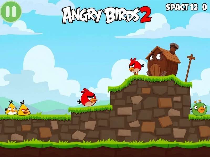 Angry Birds 2 game characters Red, Chuck, and Bomb in action against green pigs