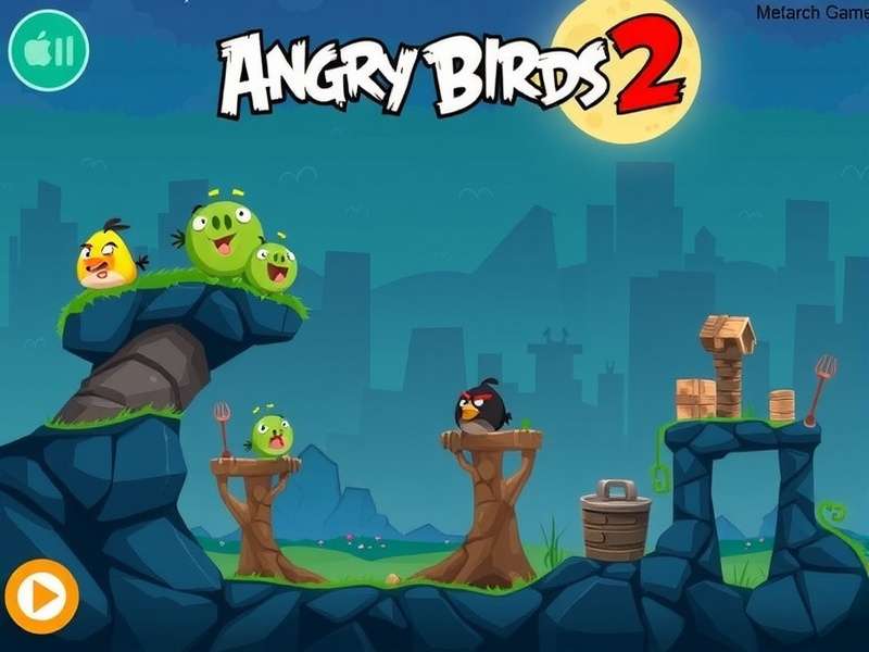 Angry Birds 2 Game Over screen with green pigs and red bird slingshot